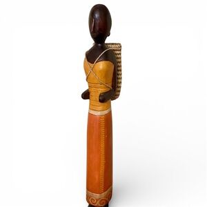 Handcrafted Wooden Lady Sculpture Carrying Woven Basket